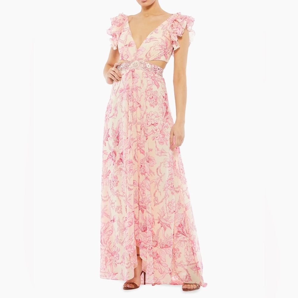 Mac Duggal‎ Pink Floral Maxi Dress Ruffle Sleeves Tie Back
